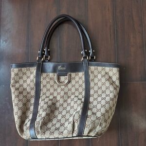 Gucc i  Beige and Dark Brown Tote Bag Fair Condition Monogram